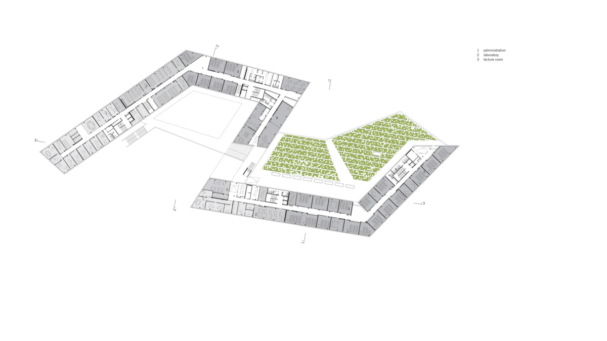 Isometric architectural floor plan of a building with a central courtyard and two wedge-shaped green seating areas.