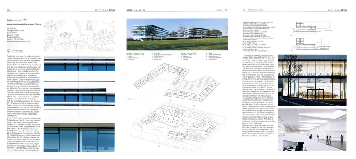 Architectural brochure spread: left striped glass facade; middle exterior of low-rise glass building with trees; right glass interior with people.