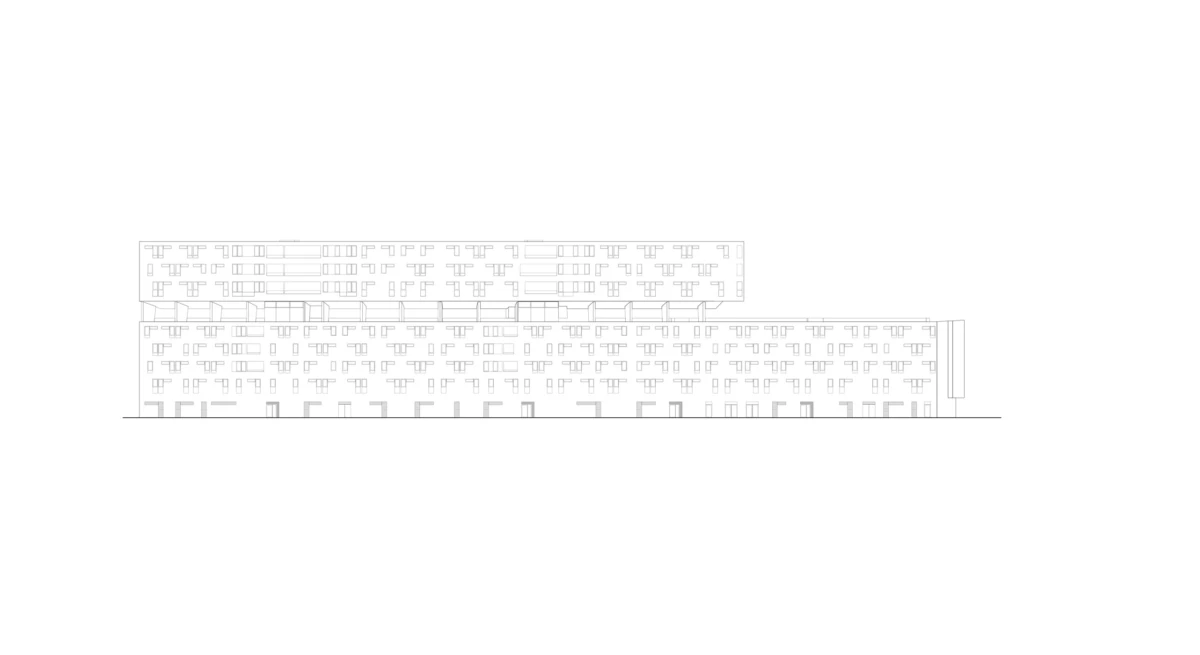 Elevation of a modern two-tiered building comprising a long lower block and an offset upper block with numerous windows along a street.