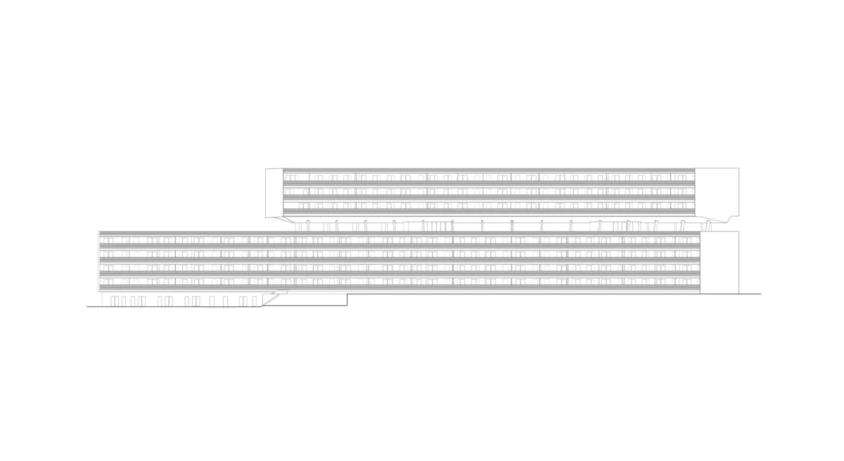 Side elevation of a modern office complex: long base block with a stacked upper block above.
