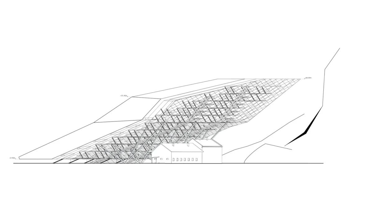 Architectural line drawing of a large inclined truss roof over a small building on a hillside.