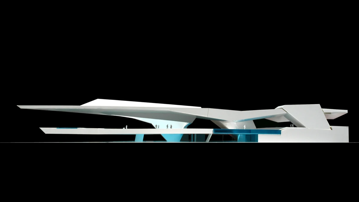 Futuristic white angular pavilion with blue glass accents; small silhouettes walk a terrace against a black background.