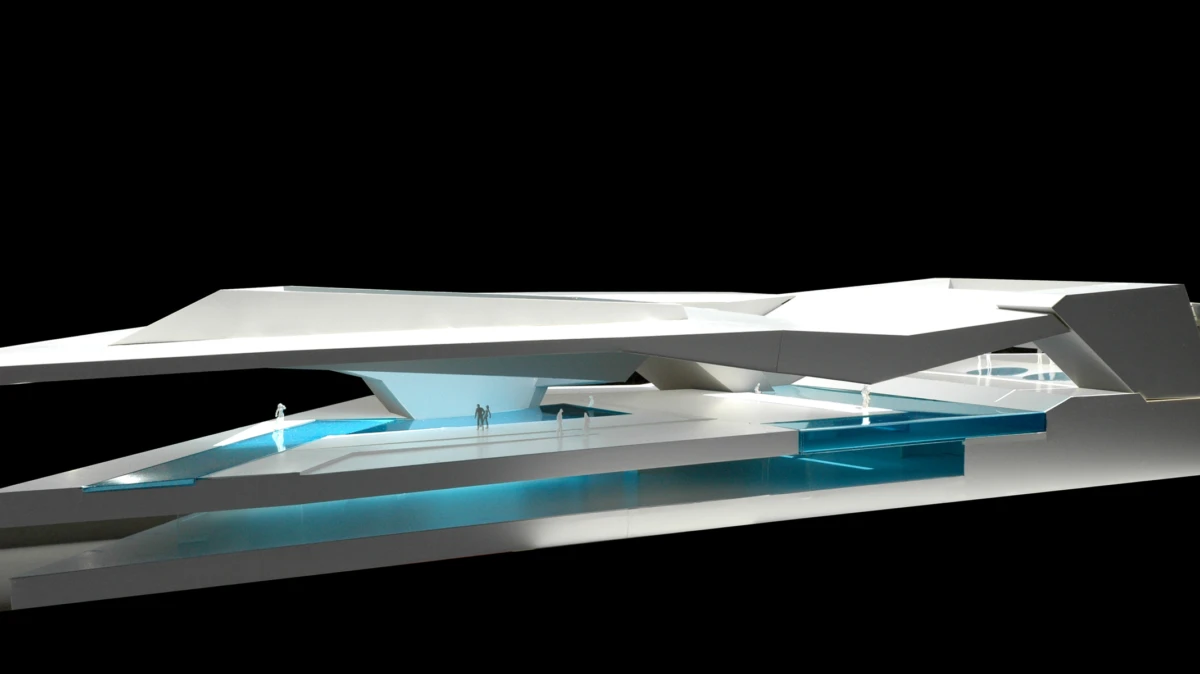 Futuristic architectural rendering: angular white slabs over blue water pools, with small figures walking on elevated walkways.