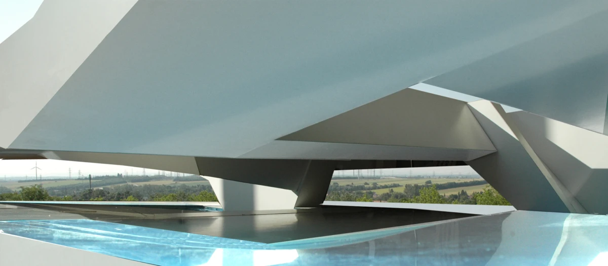 Angular white concrete architecture over a reflective pool in an outdoor landscape with distant wind turbines.