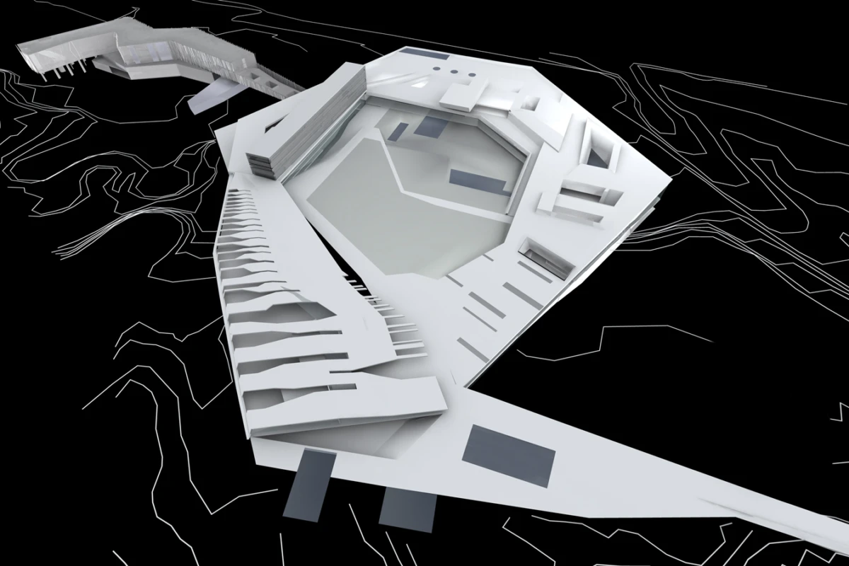 3D white architectural model of a futuristic building with a spiraling stepped ramp, set on a black plane with outline topography.
