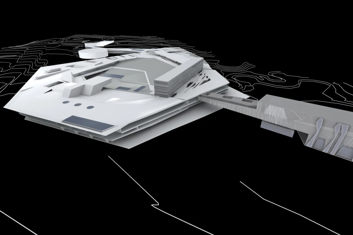 White futuristic architectural model of a building complex with an elevated bridge on a black background.