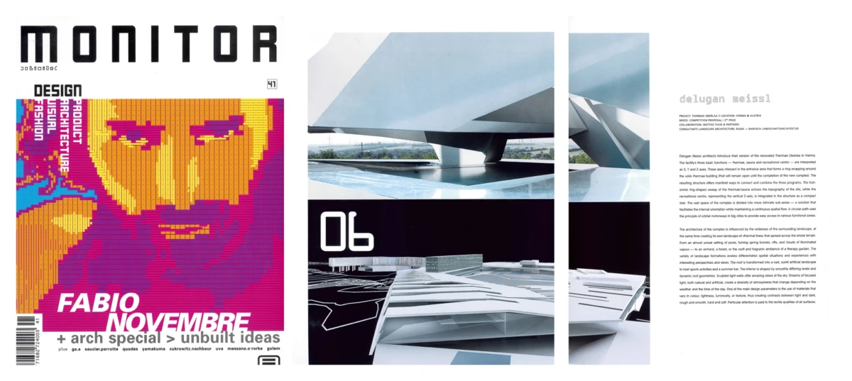Triptych: left Monitor magazine cover with pixelated orange-pink portrait; middle and right show white angular modern architecture by water.