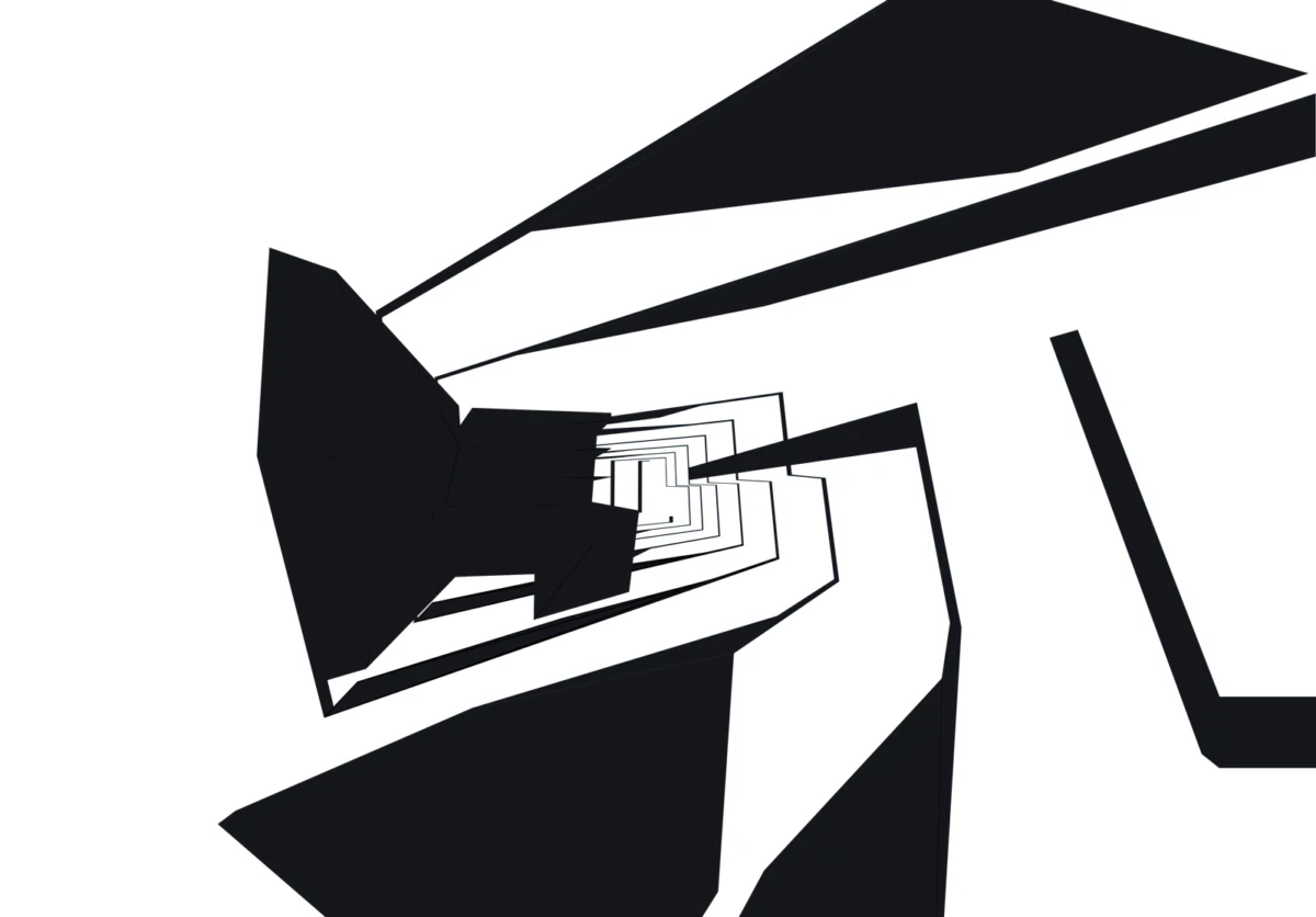 Abstract black geometric shapes form a receding, spiraling tunnel against a white background.