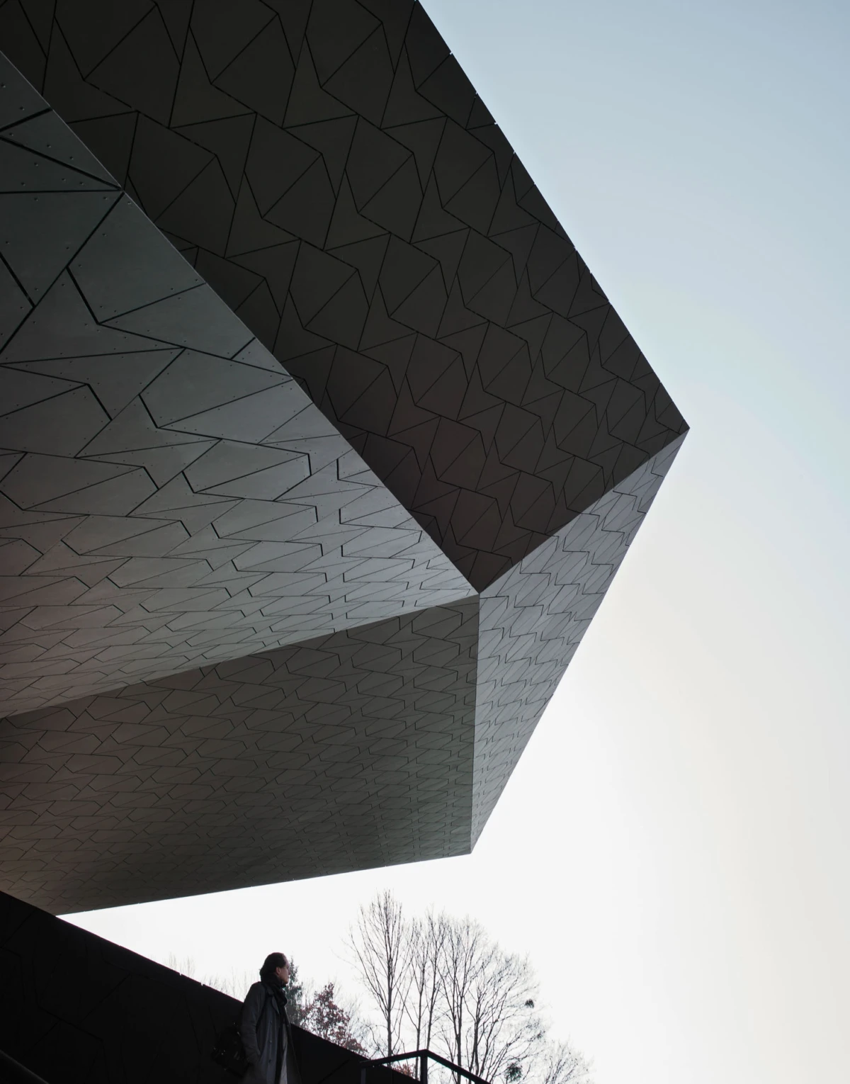 Geometric metal-clad building with a large cantilever; a person stands by a railing below, leafless trees and clear sky in the background.