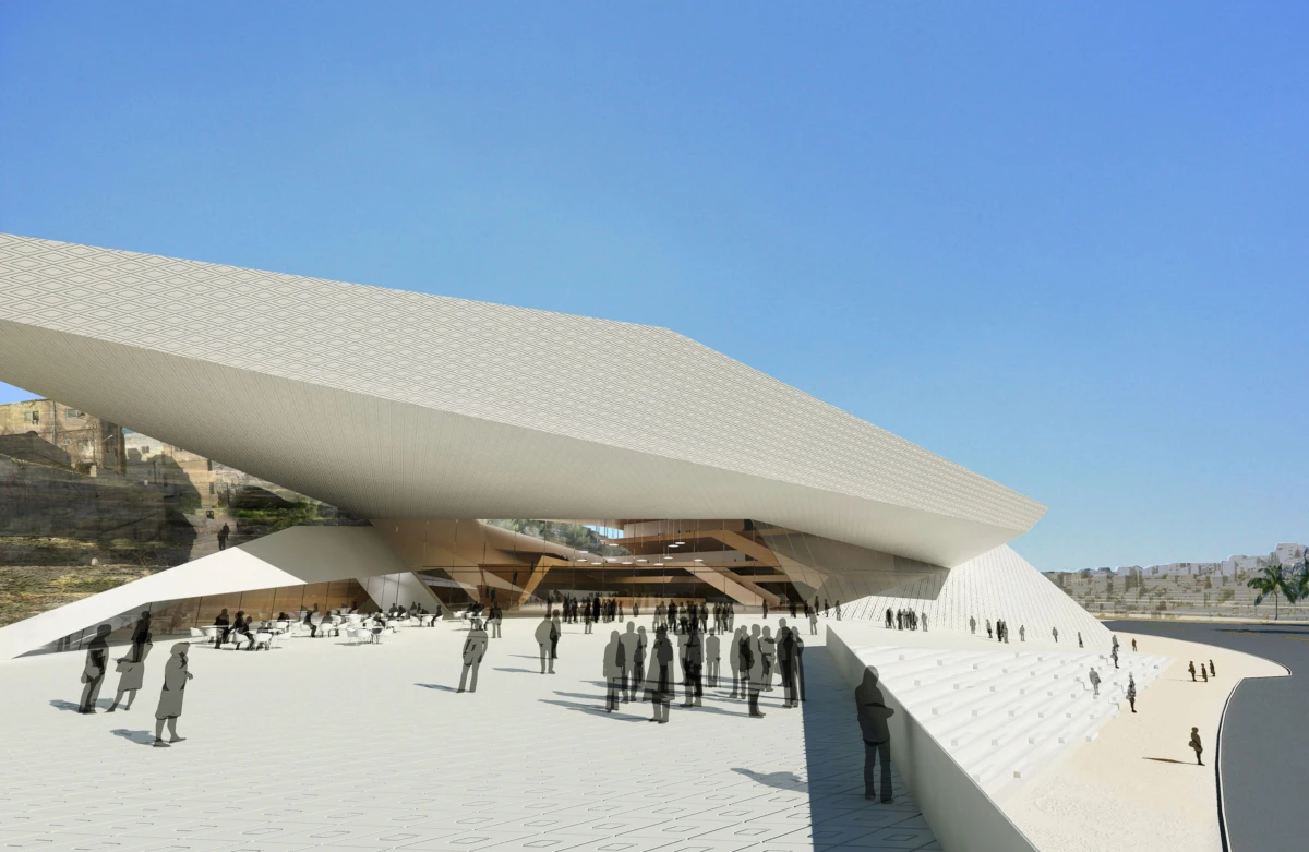 Modern white pavilion with an oversized cantilevered roof; visitors gather on a broad plaza.