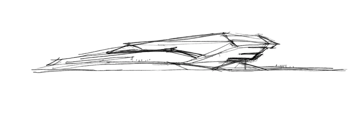 Futuristic concept car sketch with angular, low-profile body driving on a road.