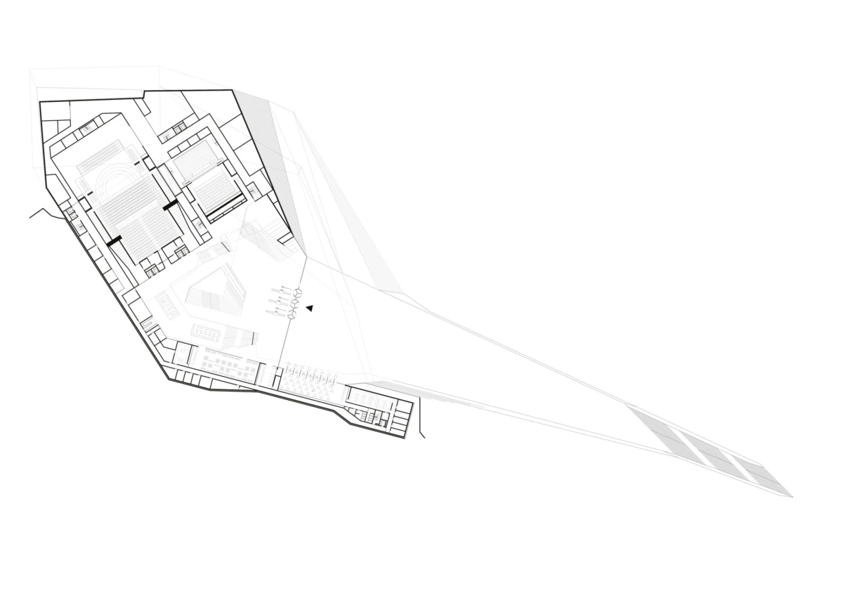 Architectural floor plan of an irregular polygonal building with a long projecting wing.