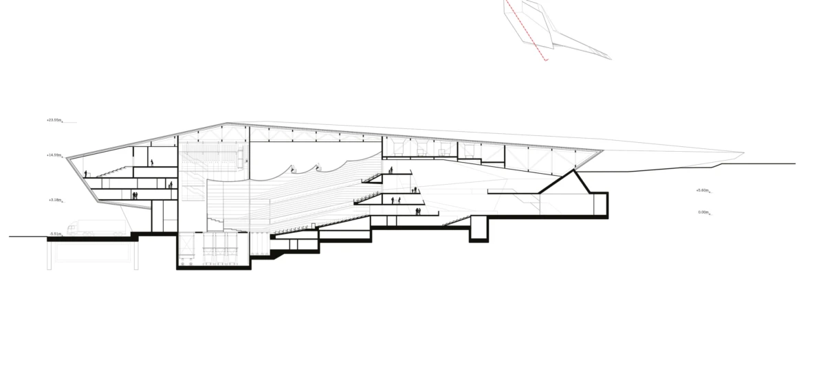 Architectural cross-section of a modern cultural center with a slanted roof, tiered seating, staircases, and silhouetted people.