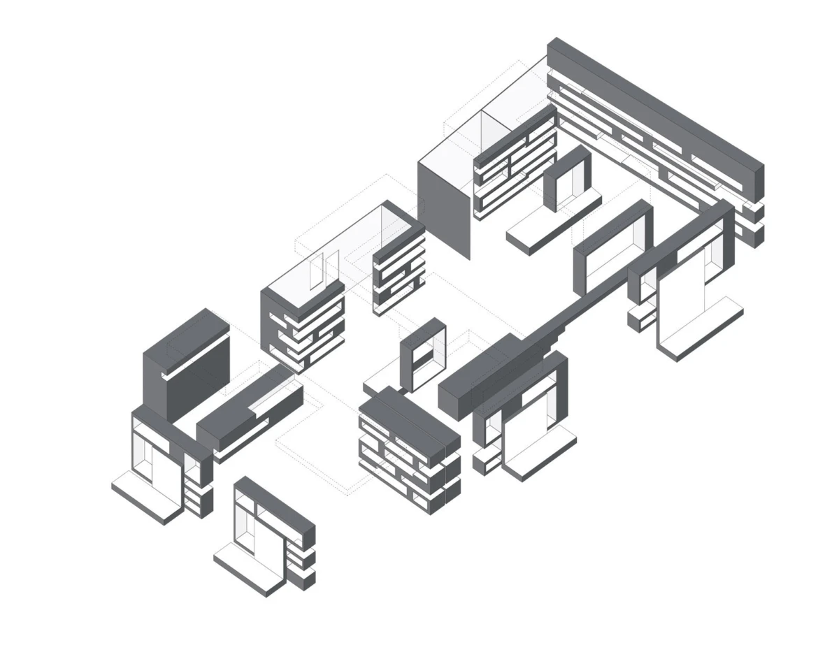 Isometric diagram of a retail showroom layout with modular shelves, display stands, and counters.