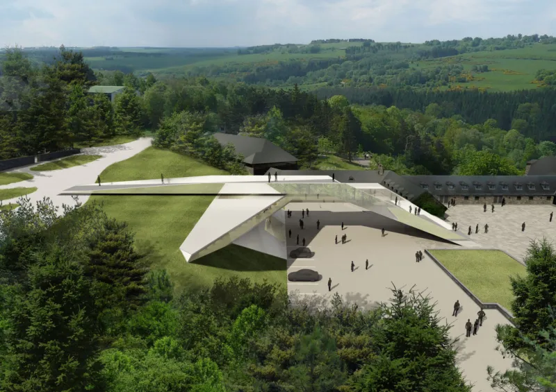 Futuristic white angular pavilion on a grassy slope with an elevated walkway and visitors, set in a forested hillside landscape.