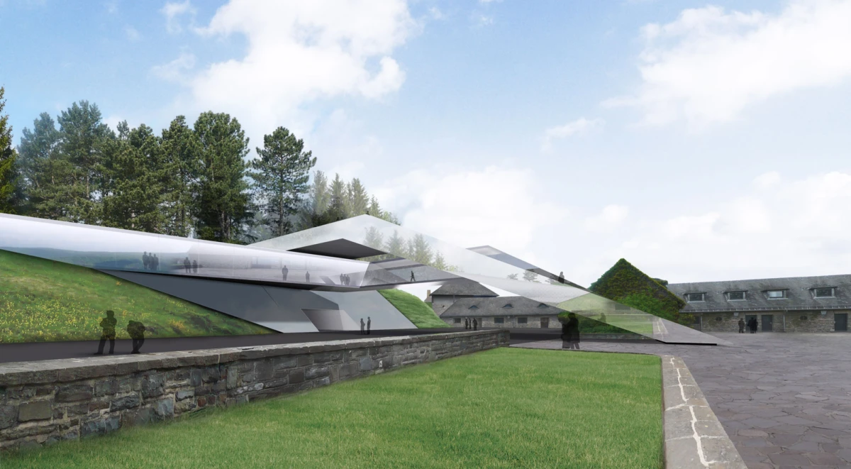 Overlapping glass slabs form a geometric terrace over a grassy slope, with a stone wall and historic buildings; silhouettes of visitors walk the path.