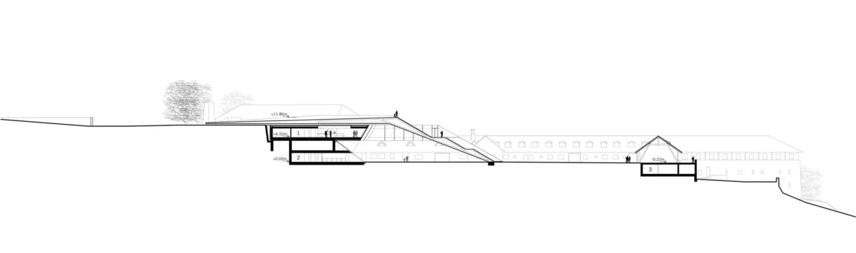 Cross-section cutaway of hillside building with multiple levels, stairs, and underground spaces.
