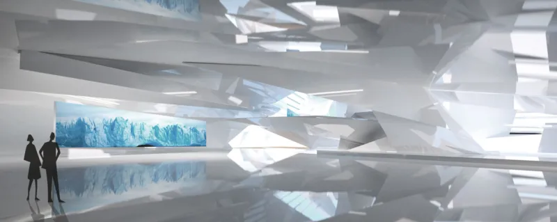 Two silhouette visitors observe a blue mountain-panel in a futuristic, angular white gallery with a reflective floor.