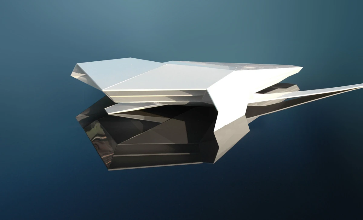 Abstract white metal sculpture with angular planes floating on calm blue water, its reflection visible below.