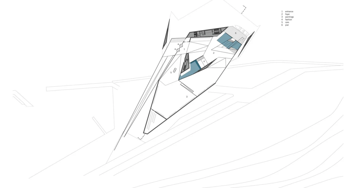 Isometric architectural diagram of a tilted wedge-shaped building on a slope, showing interior plan with numbered labels