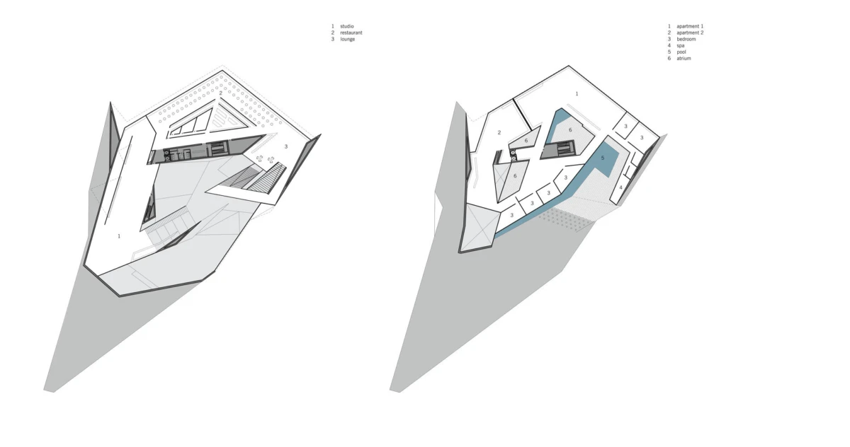 Two isometric floor plans of a jagged modern building with numbered rooms and a legend, set on gray bases against white background.
