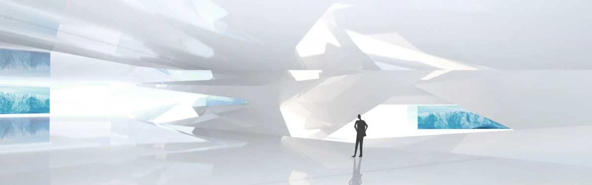 Silhouette of a person standing in a futuristic white angular interior with jagged walls and blue window panels.