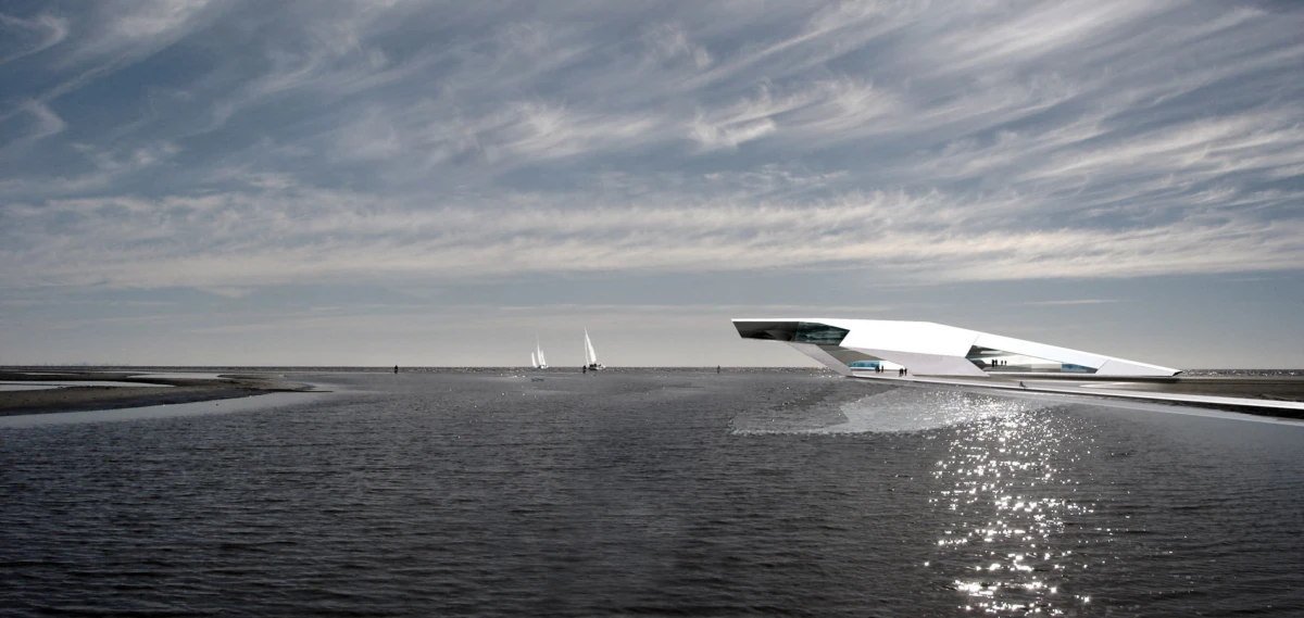 Futuristic white angular pavilion on a shallow tidal lagoon, with distant sailboats on the horizon.