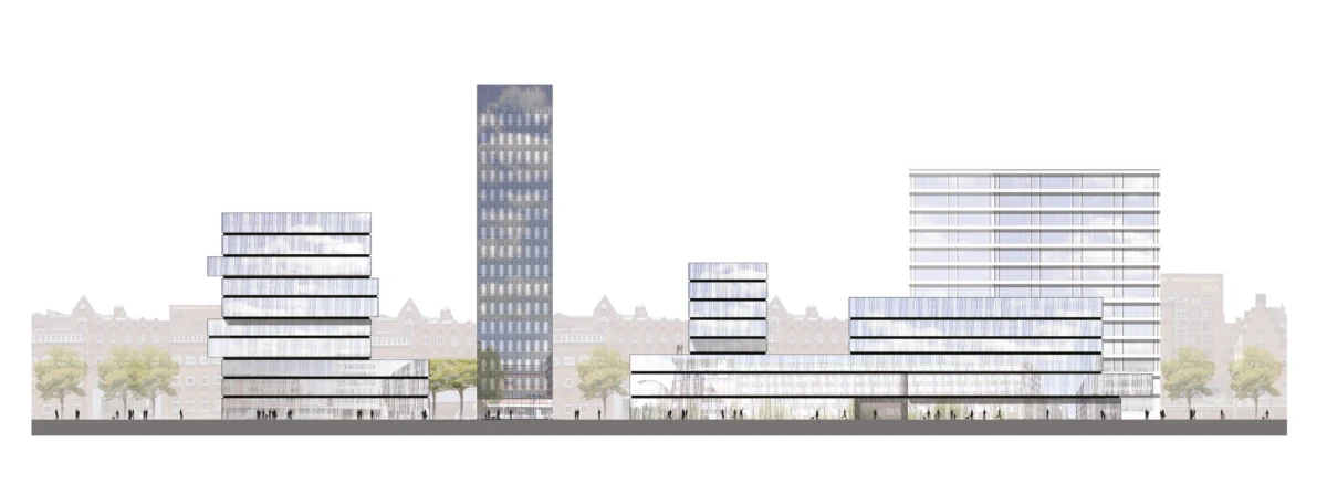 Modern glass-office skyline featuring a tall central tower, low-rise glass blocks, and a tree-lined street; daytime urban setting.