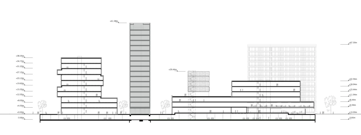 Architectural section elevation of an urban development featuring a central tall tower, stepped low-rise blocks, and trees along a street.