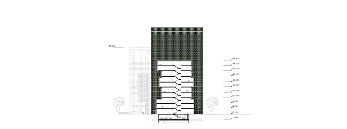 Elevation drawing of a tall dark high-rise building beside a lighter office block, with street trees and scale marks.