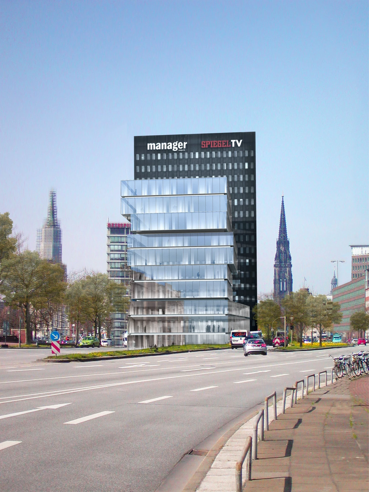Glass-fronted office building with stacked terraces on a busy city street; dark high-rise behind bears the words manager SPIEGEL-TV.