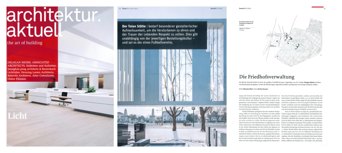 Architecture magazine spread: left page interior with Licht; middle blue glass facade and snowy trees; right page map and article Die Friedhofsverwaltung.