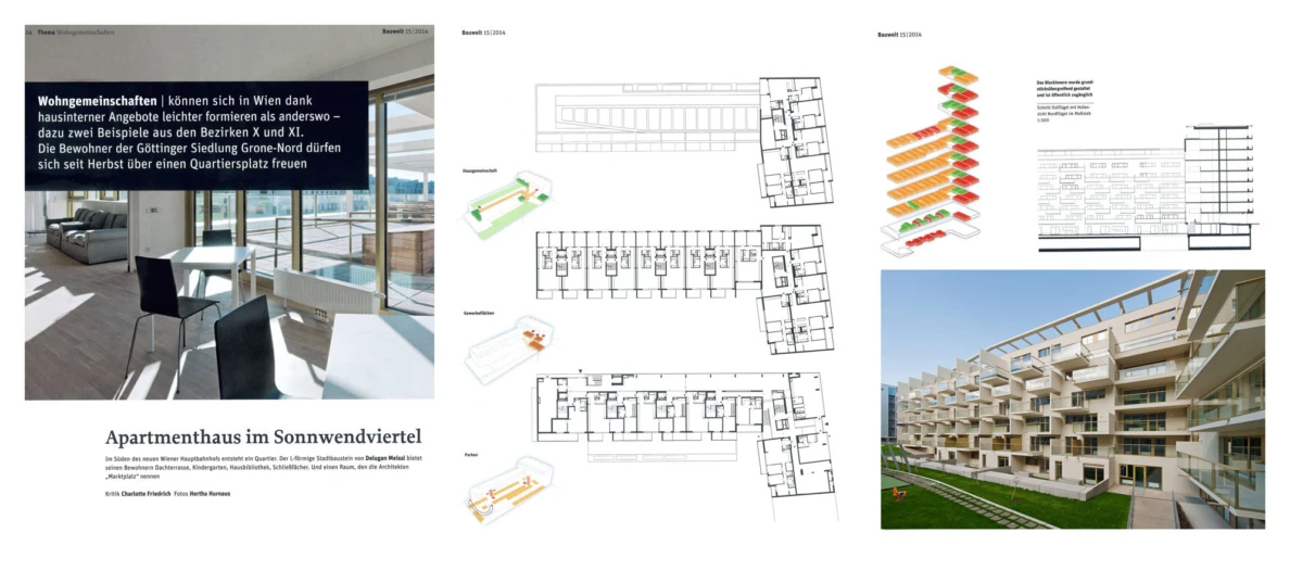 Collage of an architectural project: interior living area, technical floor plans, color-coded sections, and a modern Sonnwendviertel residential building.