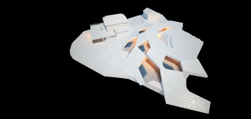 White abstract architectural model perched on a hillside against a black background, with angular blocks, terraces, and window openings.