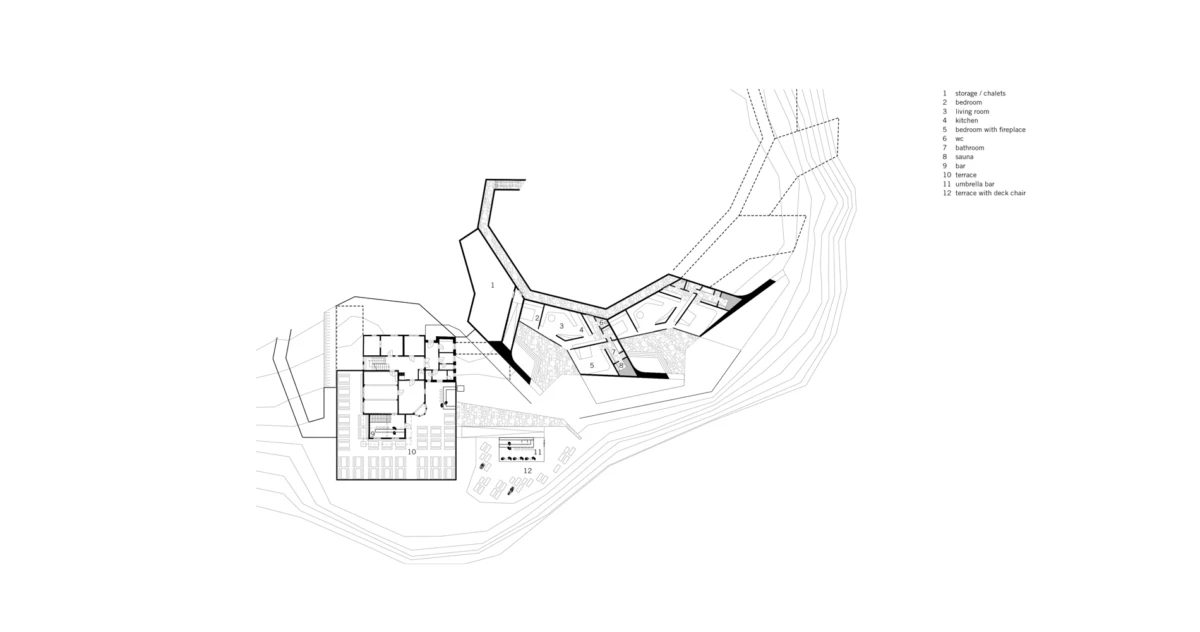 Architectural site plan of a hillside residence with angular interconnected pavilions, contour lines, and thick black walls.