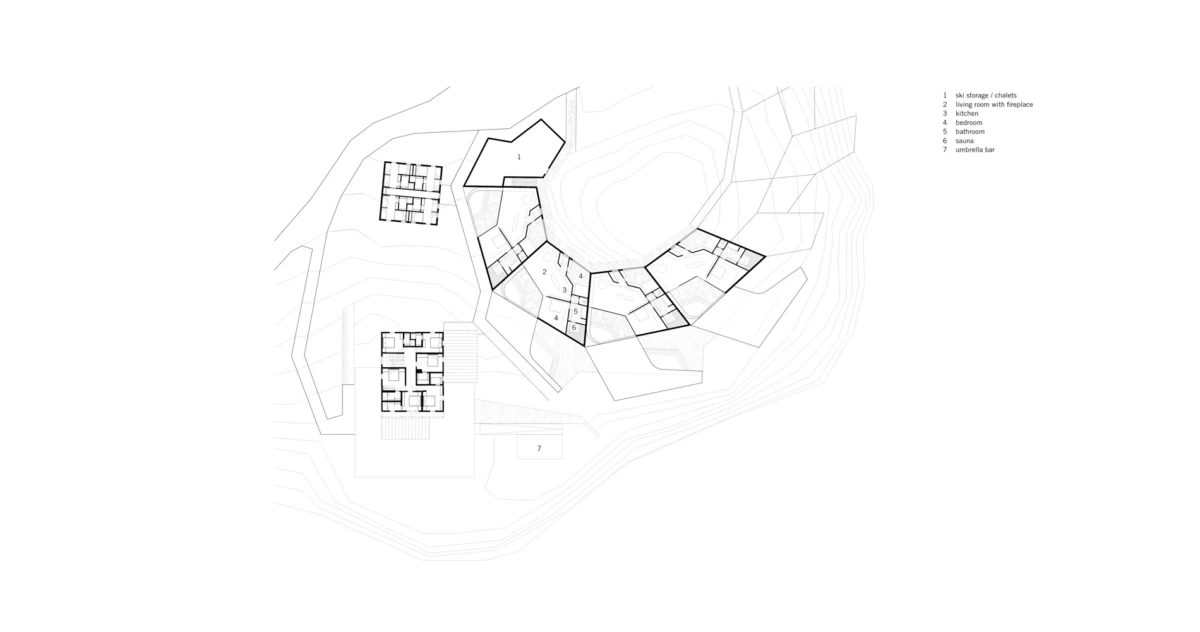 Architectural site plan: hillside complex with curved, connected modules around a circular central space; contour lines show terrain.