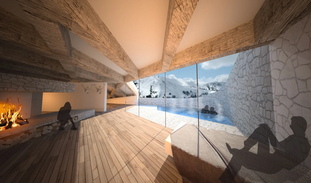 Alpine living room with exposed timber beams, stone walls, and a glass wall; person seated by the fireplace, viewing snowy mountains outside.