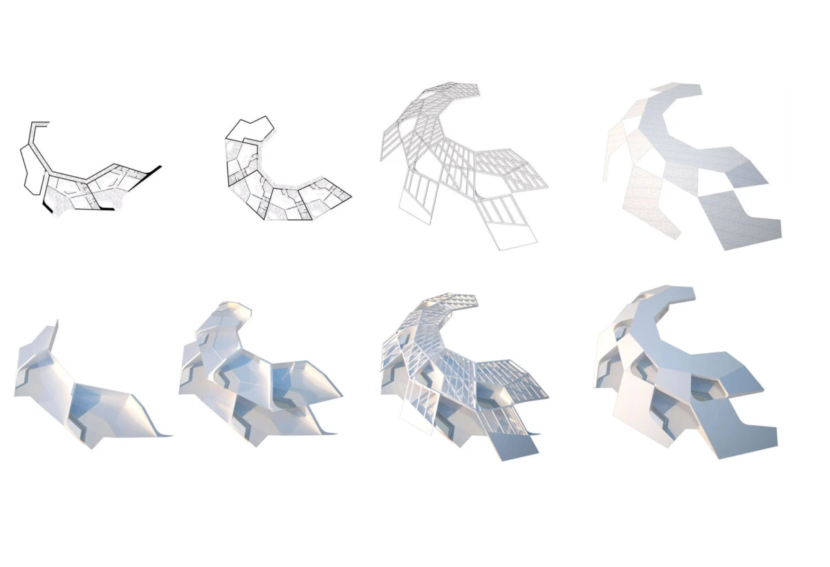 Sequence of origami-inspired white geometric quadruped sculptures in various construction stages against a white background.