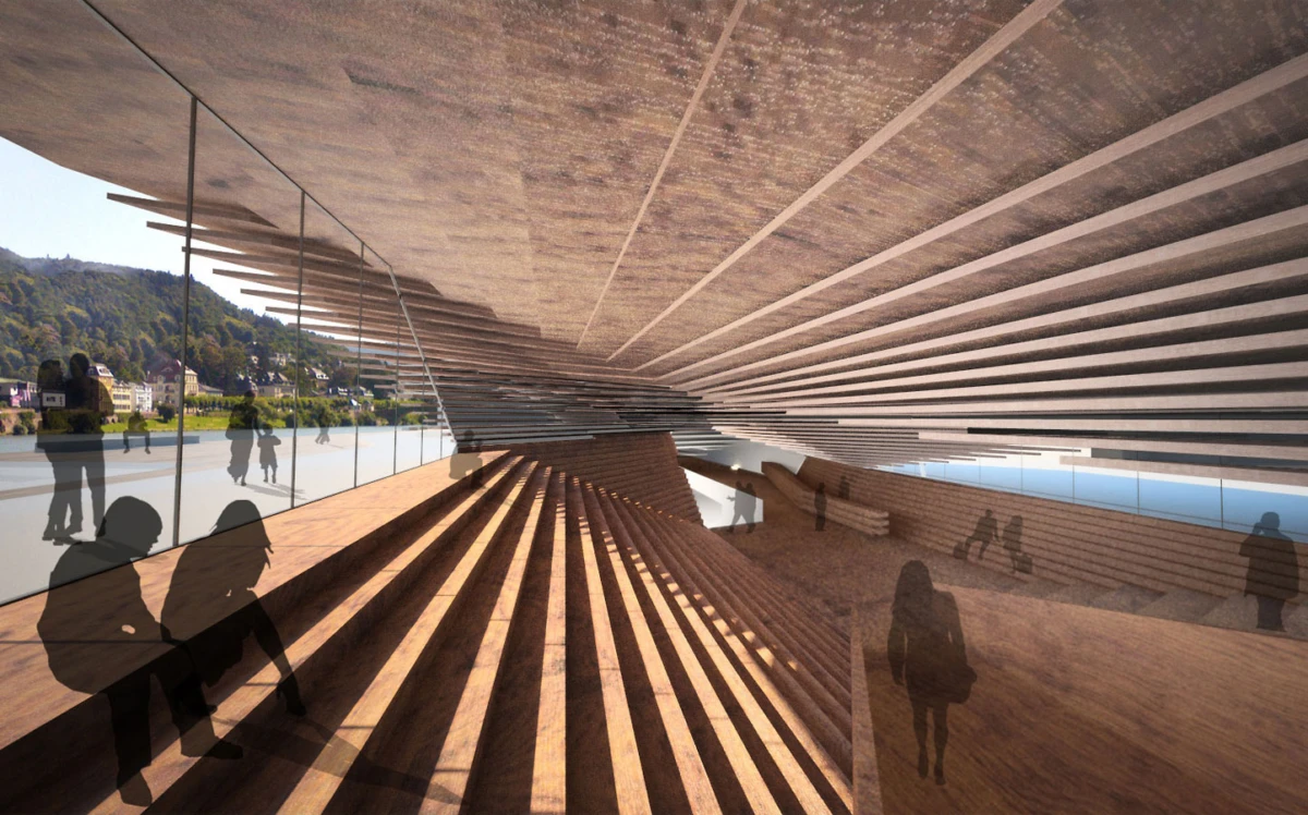 Modern pavilion interior with slatted wooden ceiling and long benches; glass wall shows river and hills; silhouetted visitors.