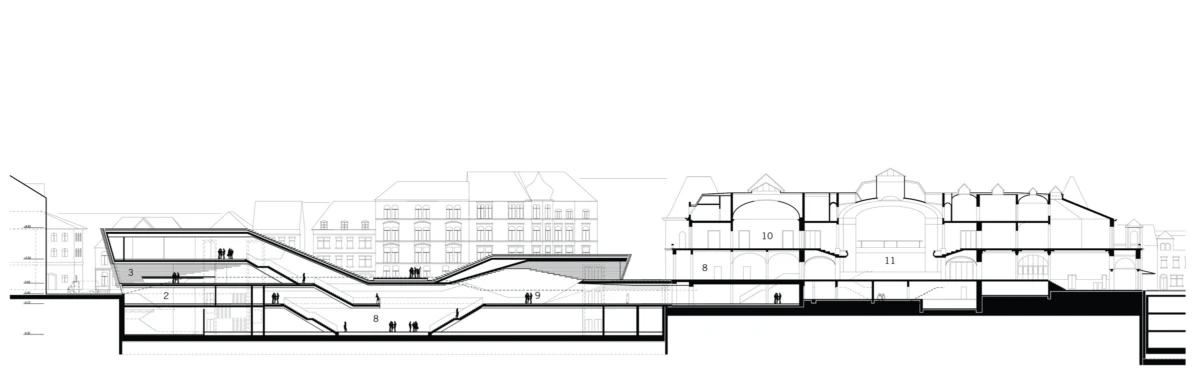 Cross-section of a multi-level building complex: modern left wing with ramps and stairs beside a historic building with arches.