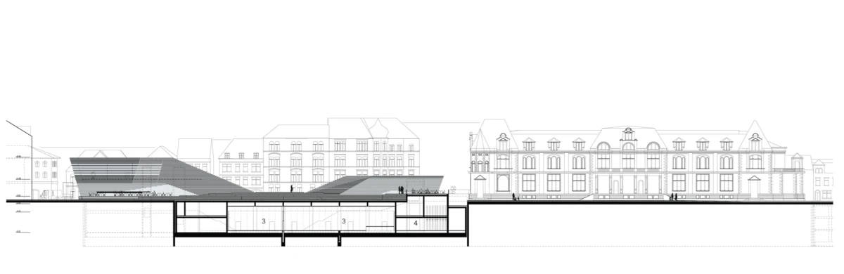 Architectural cross-section of a city block showing a modern angular addition, underground levels, and a long neoclassical facade.