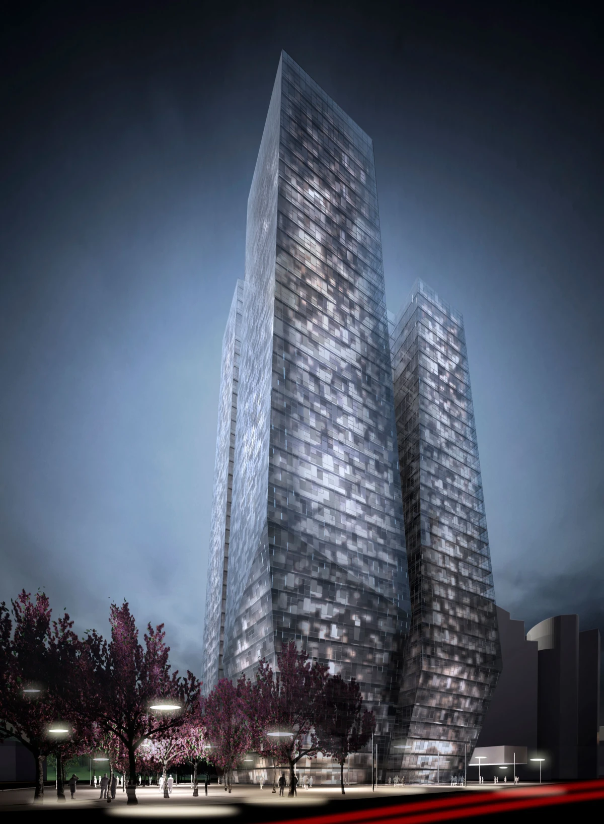 Twin glass skyscrapers at night with a curved base, illuminated windows, in a plaza lined with pink-blossom trees and pedestrians.