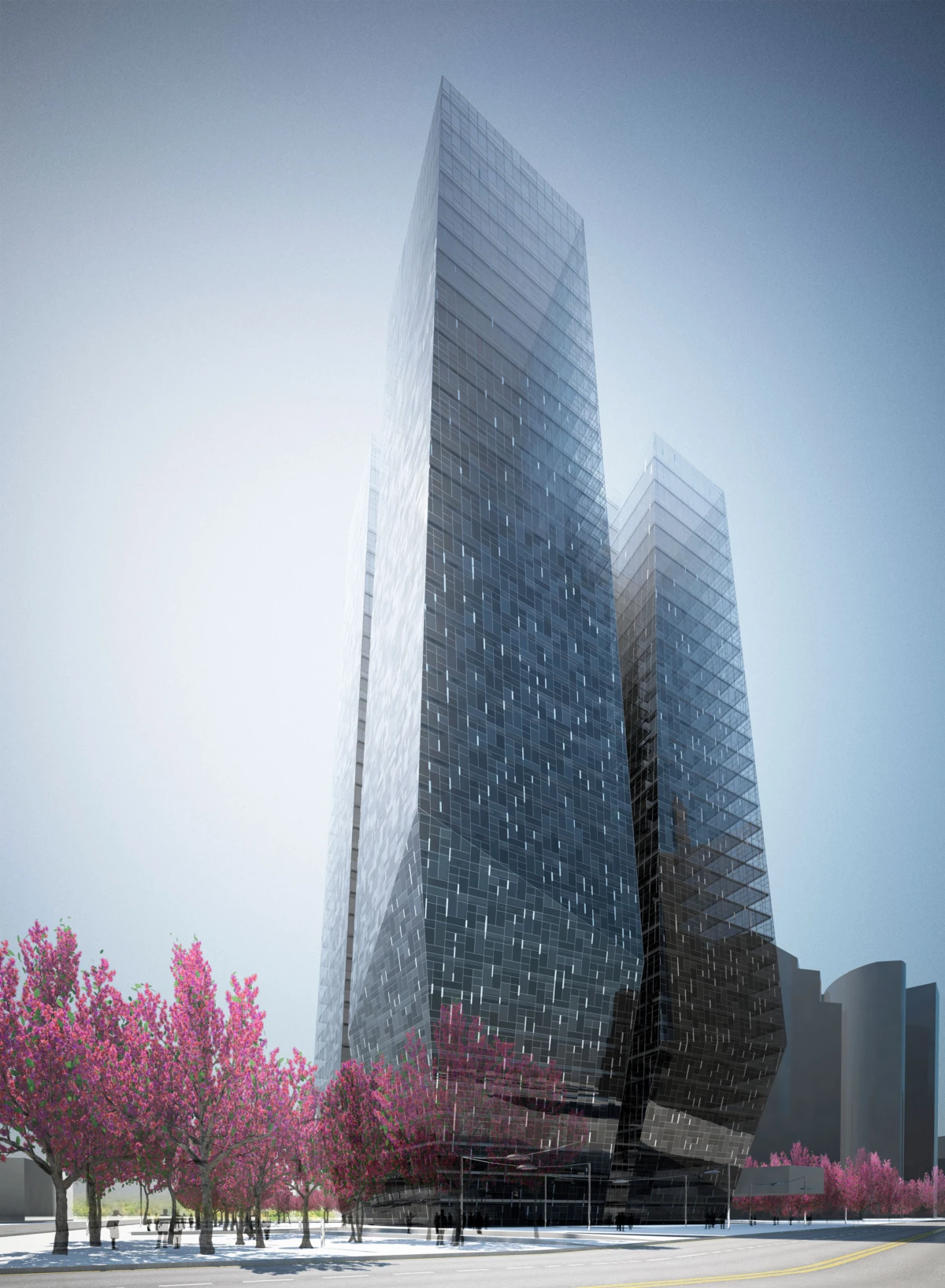 Two glass-clad skyscrapers rise above a tree-lined street with pink-blossom trees.