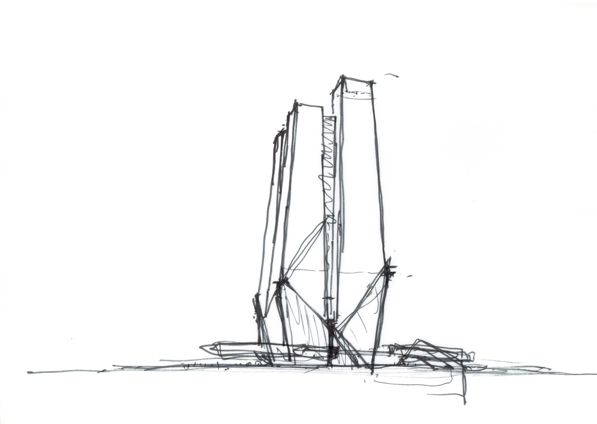 Rough sketch of a sailboat with tall masts and rigging at rest on the water.