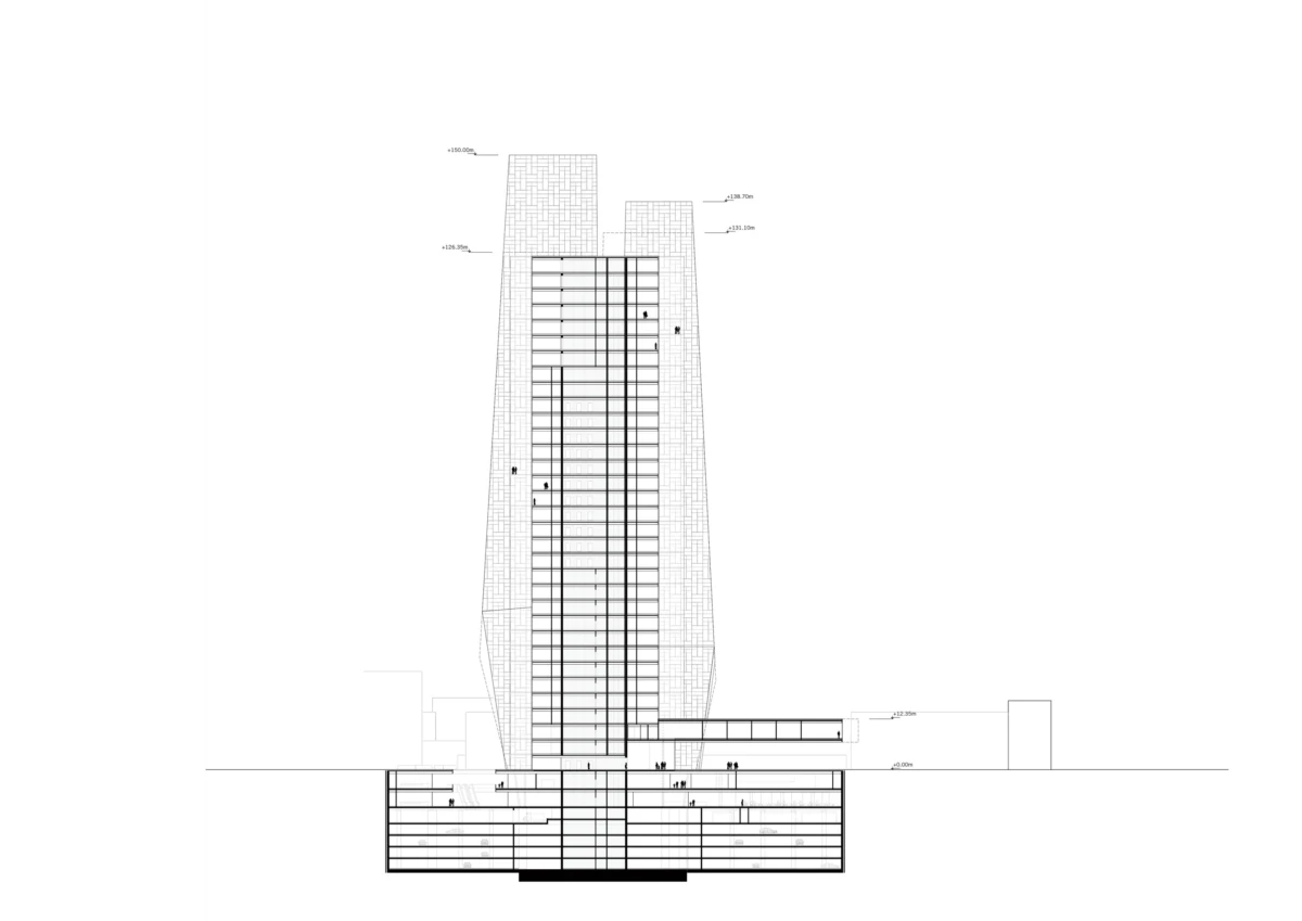 Elevation view of a modern high-rise skyscraper with a broad podium and tapered side towers.