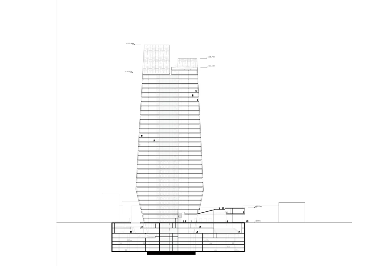 Elevation drawing of a tapered high-rise with horizontal bands, including underground basement levels and a small rooftop addition.