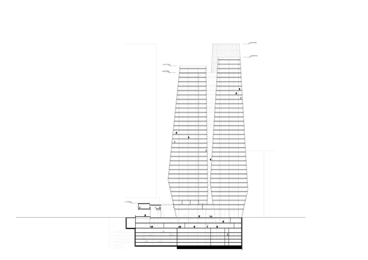 Elevation view of twin tapering glass skyscrapers atop a multi-level podium; scale figures on facades.