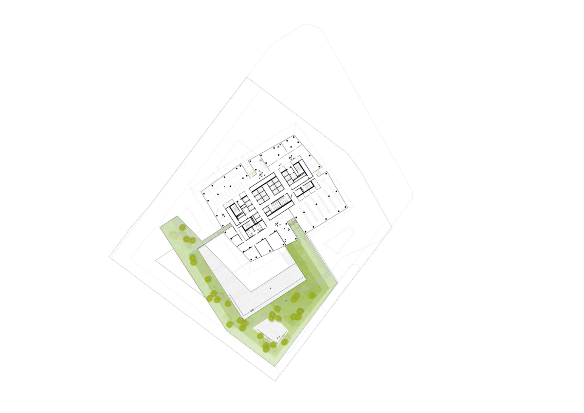 Architectural floor plan of a residential building with a landscaped lawn and trees.