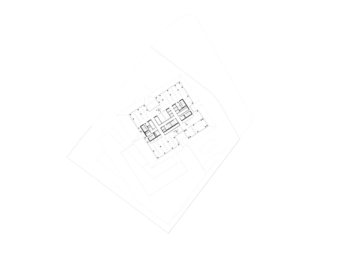 Overhead view of a multi-level architectural floor plan on a white background.