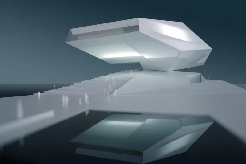 Futuristic angular pavilion atop a pedestal, people walking up broad stairs toward it; night scene with water reflection.